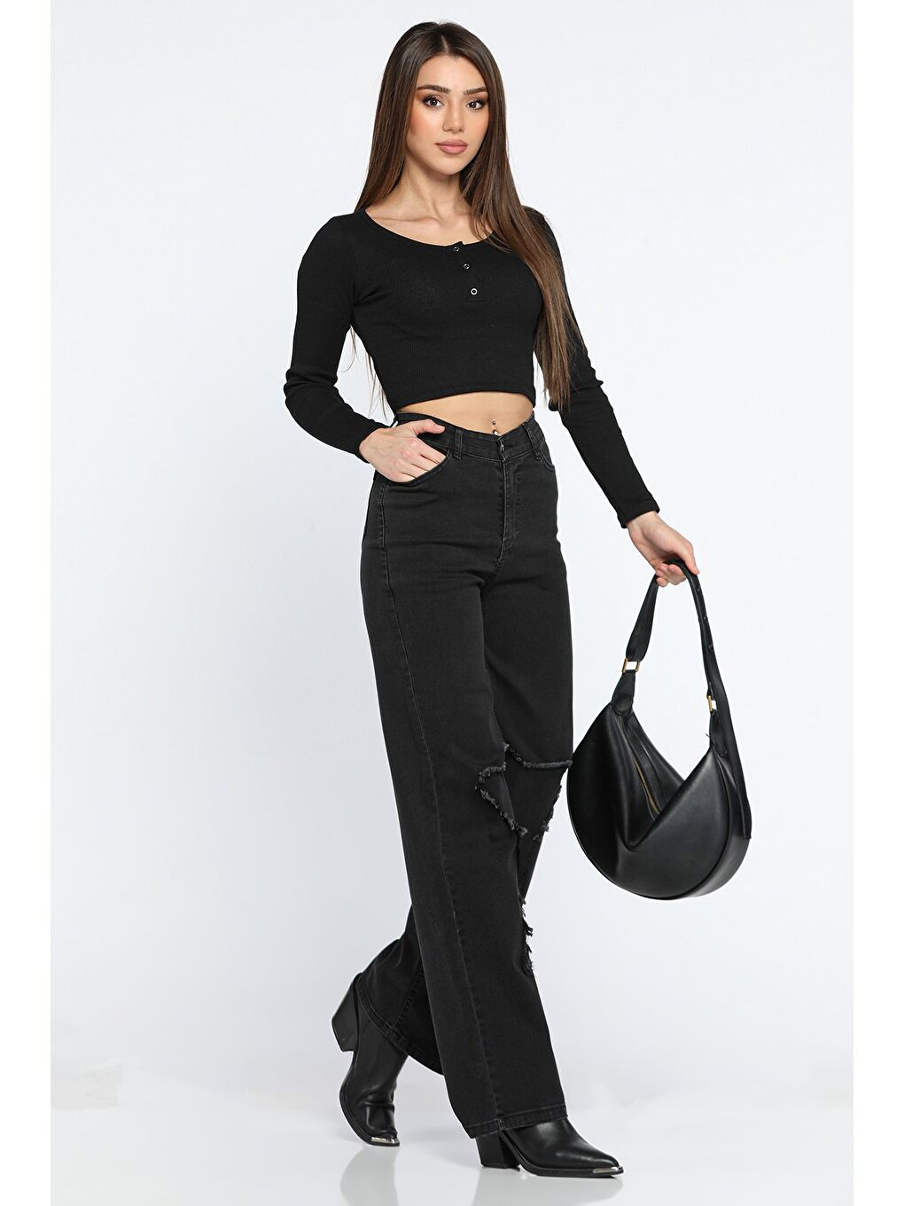 Antrasit Kadın Yüksek Bel Püskül Detaylı Bol Paça Jean Pantolon