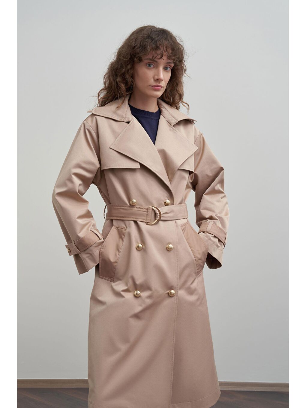 Bej-Kruvaze Rüzgarlıklı Uzun Trençkot-4