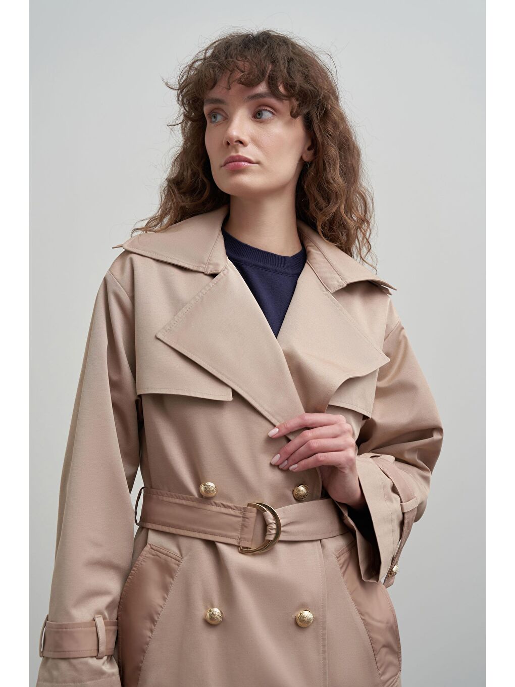 Bej-Kruvaze Rüzgarlıklı Uzun Trençkot-5