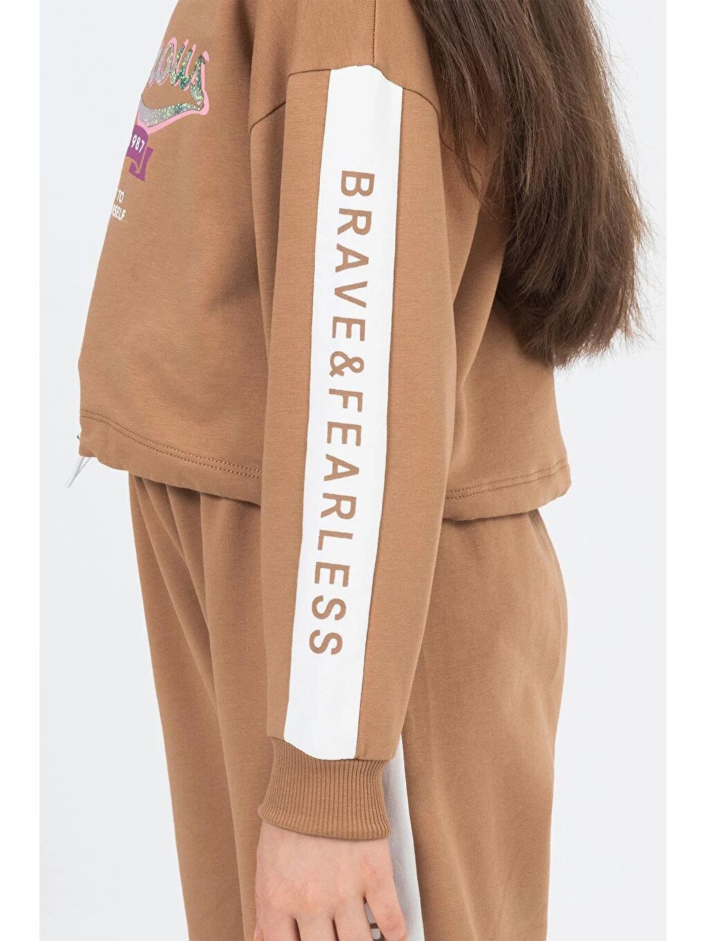 Kahverengi Kahve Şerit Yazılı Payetli Kız Çocuk Eşofman Takımı 17130-1