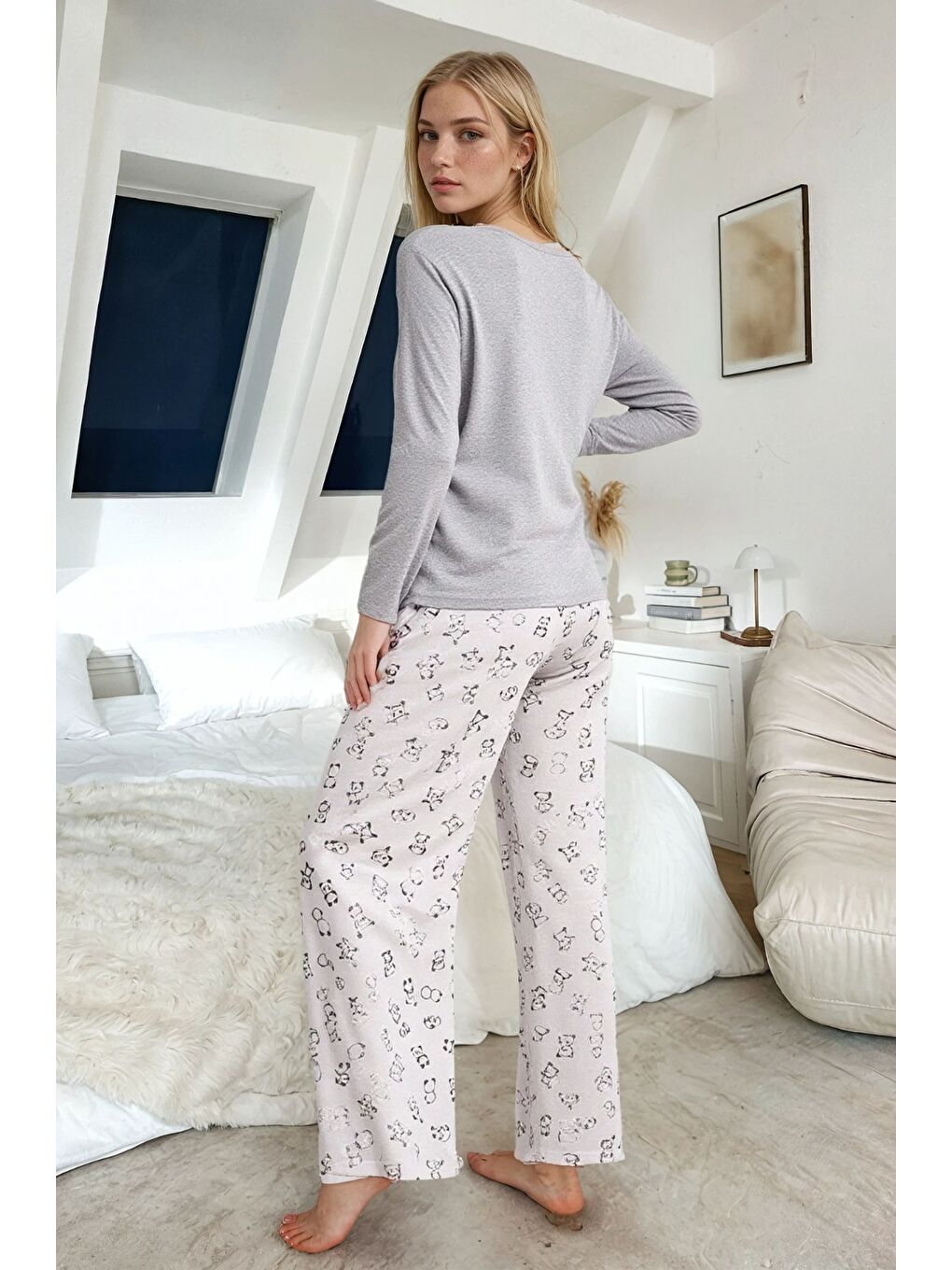Gri Panda Baskılı Uzun Kollu Pijama Takımı-2