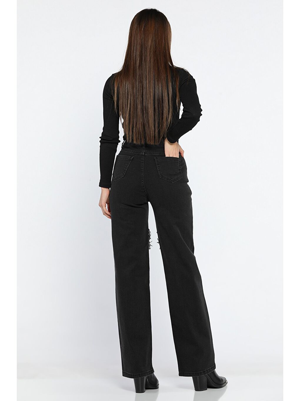 Antrasit Kadın Yüksek Bel Püskül Detaylı Bol Paça Jean Pantolon-2