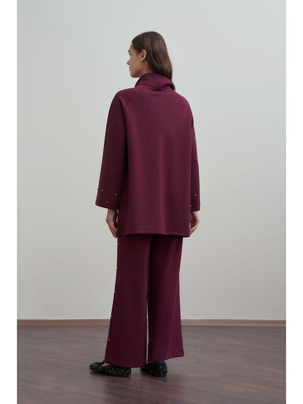 Bordo-Yumuşak Dokulu Taşlı Pantolonlu Takım-2