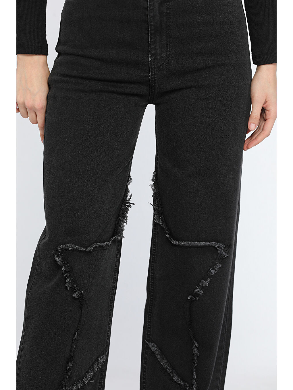 Antrasit Kadın Yüksek Bel Püskül Detaylı Bol Paça Jean Pantolon-3