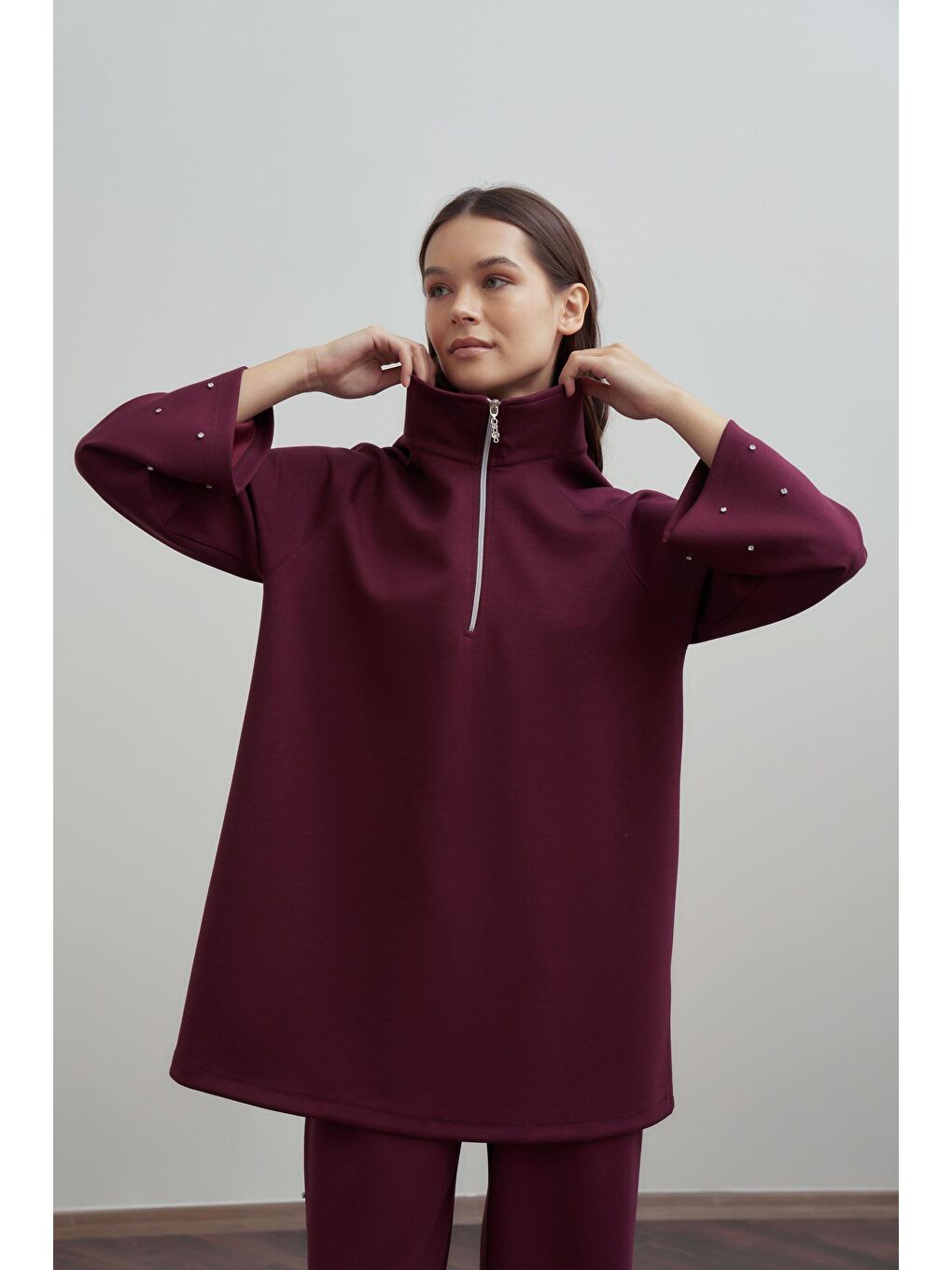 Bordo-Yumuşak Dokulu Taşlı Pantolonlu Takım-3