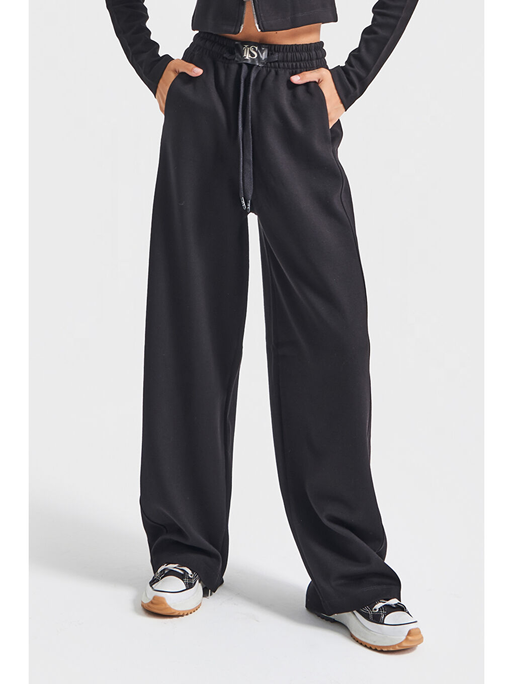 Kadın Siyah Renk w5-1 Örme Kumaş Eşofman ve Fermuarlı Sweatshirt Alt Üst 2'li Kombin Takım-1