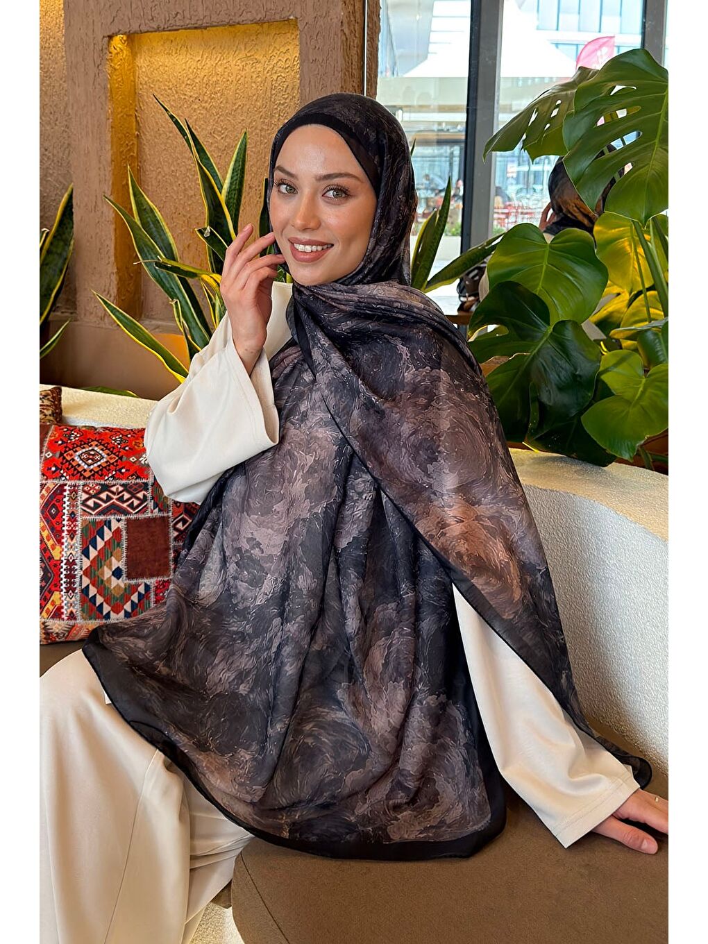 Gül Çiçek Desen Ferah Şal Antrasit-1