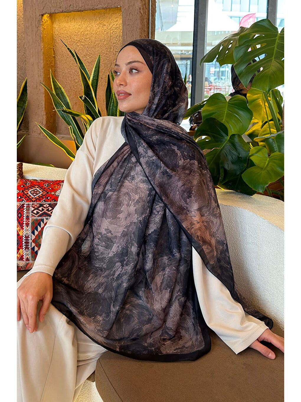 Gül Çiçek Desen Ferah Şal Antrasit-2