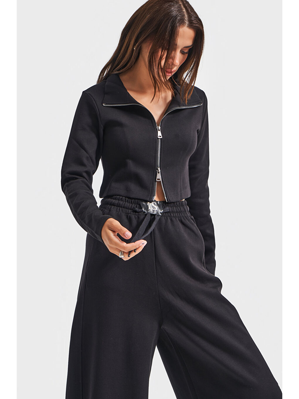 Kadın Siyah Renk w5-1 Örme Kumaş Eşofman ve Fermuarlı Sweatshirt Alt Üst 2'li Kombin Takım-2