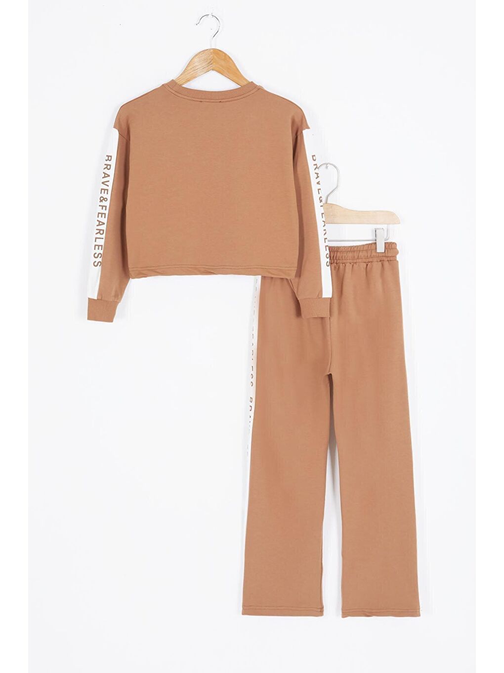 Kahverengi Kahve Şerit Yazılı Payetli Kız Çocuk Eşofman Takımı 17130-3