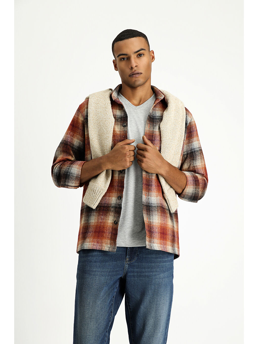 Kahverengi Uzun Kol Oversize Oduncu Ekose Pamuklu Gömlek-1