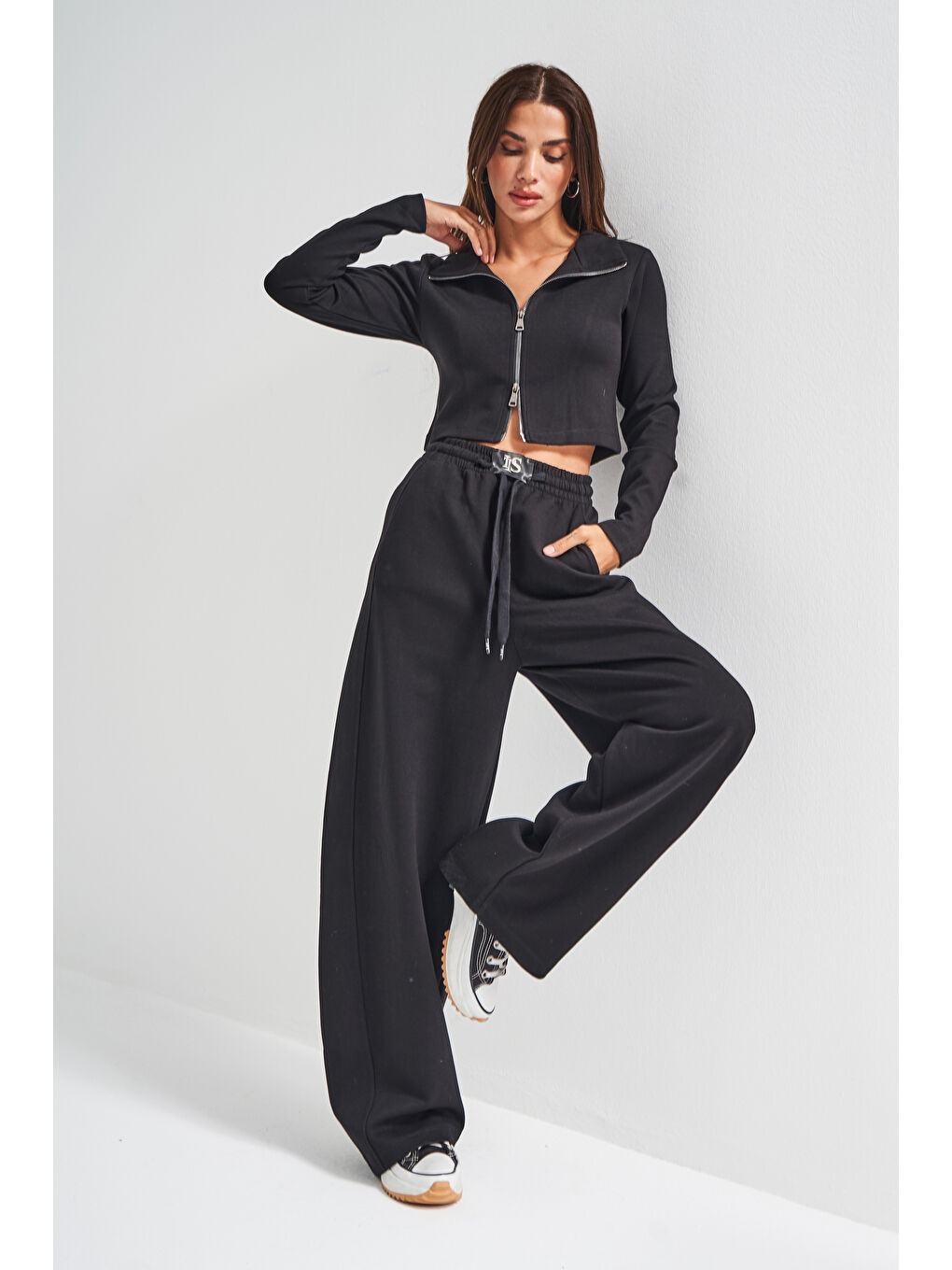 Kadın Siyah Renk w5-1 Örme Kumaş Eşofman ve Fermuarlı Sweatshirt Alt Üst 2'li Kombin Takım-3