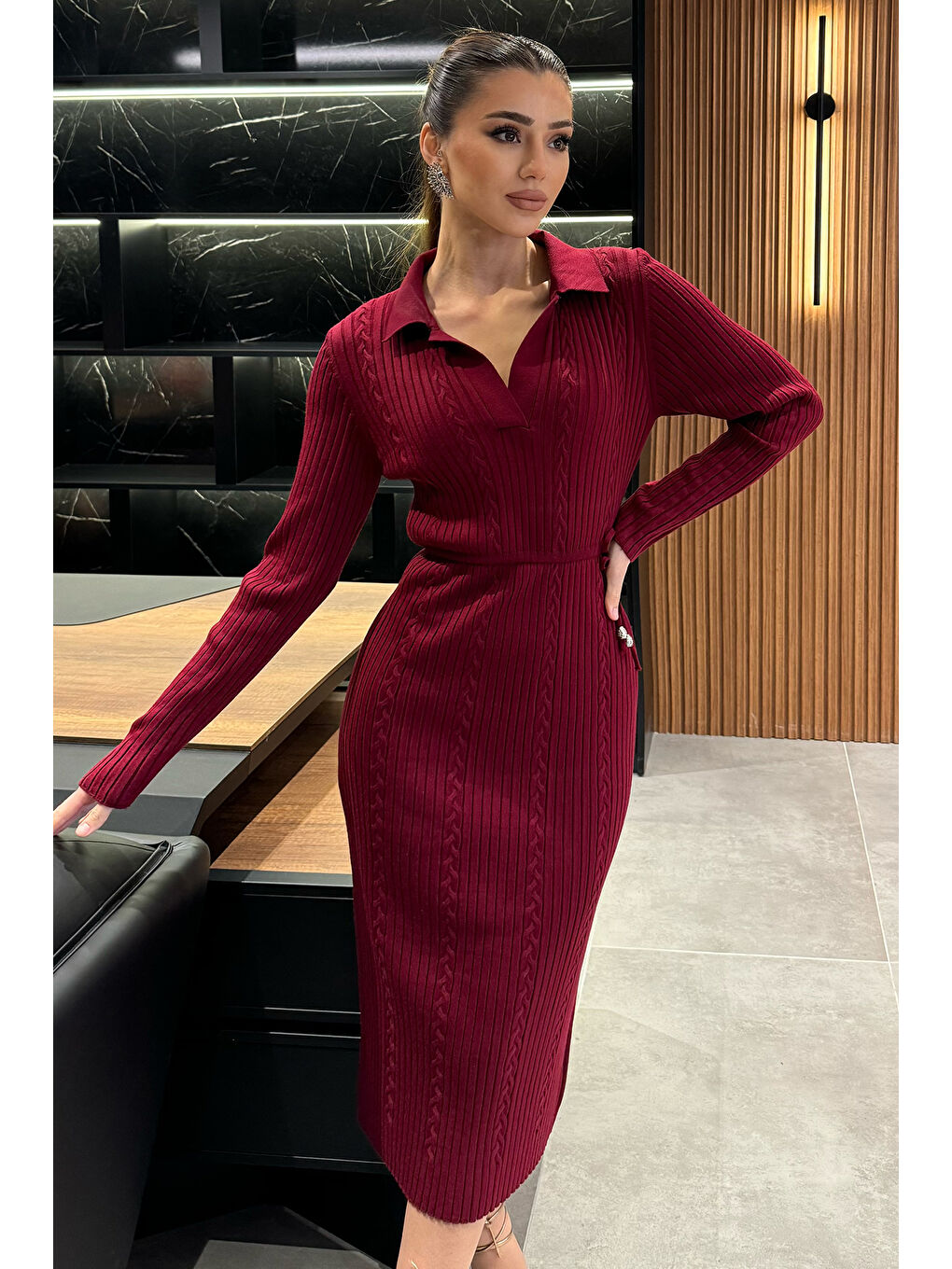Bordo Kadın Polo Yaka Bel Bağlamalı Uzun Triko Elbise-1