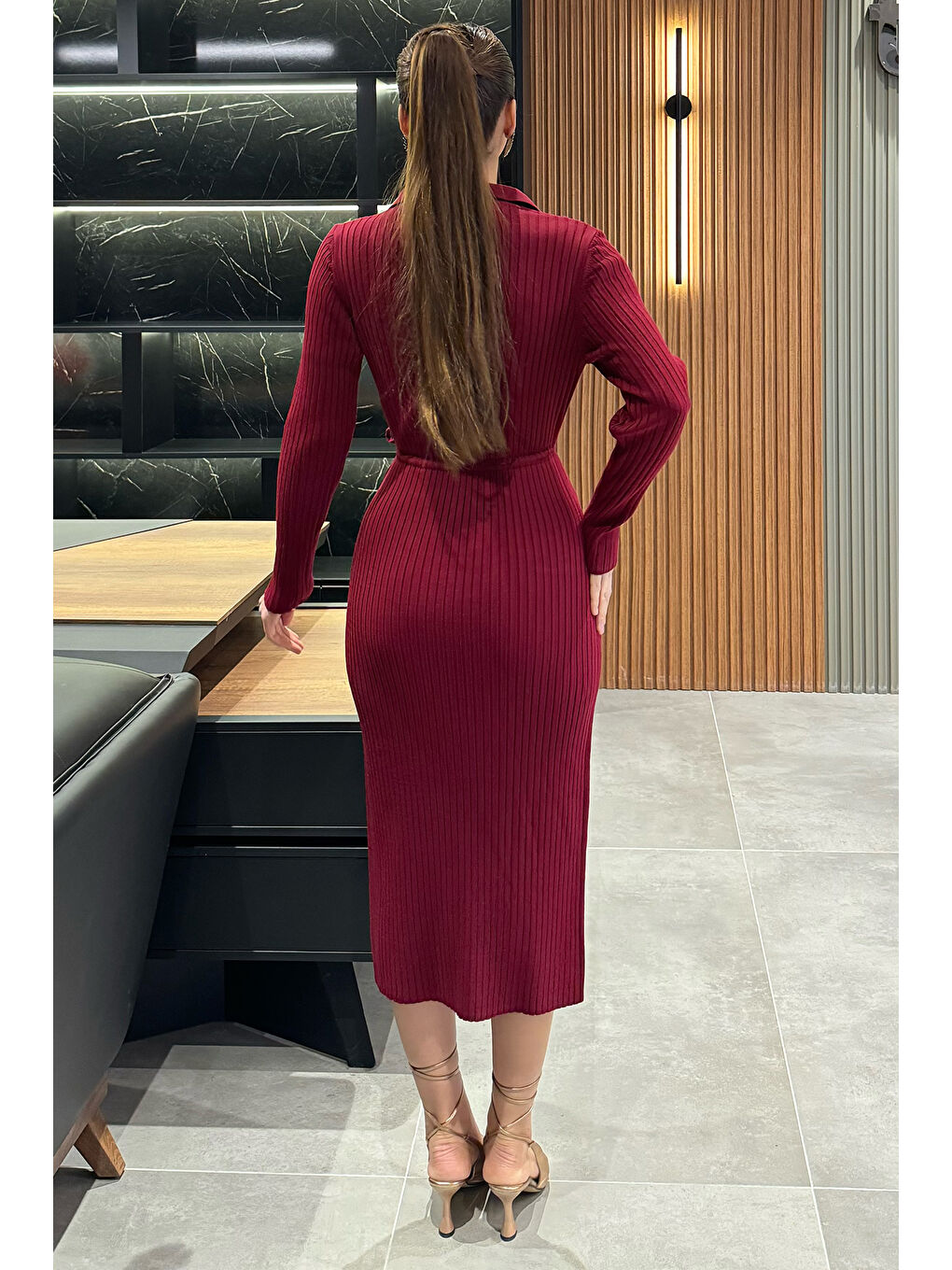 Bordo Kadın Polo Yaka Bel Bağlamalı Uzun Triko Elbise-3