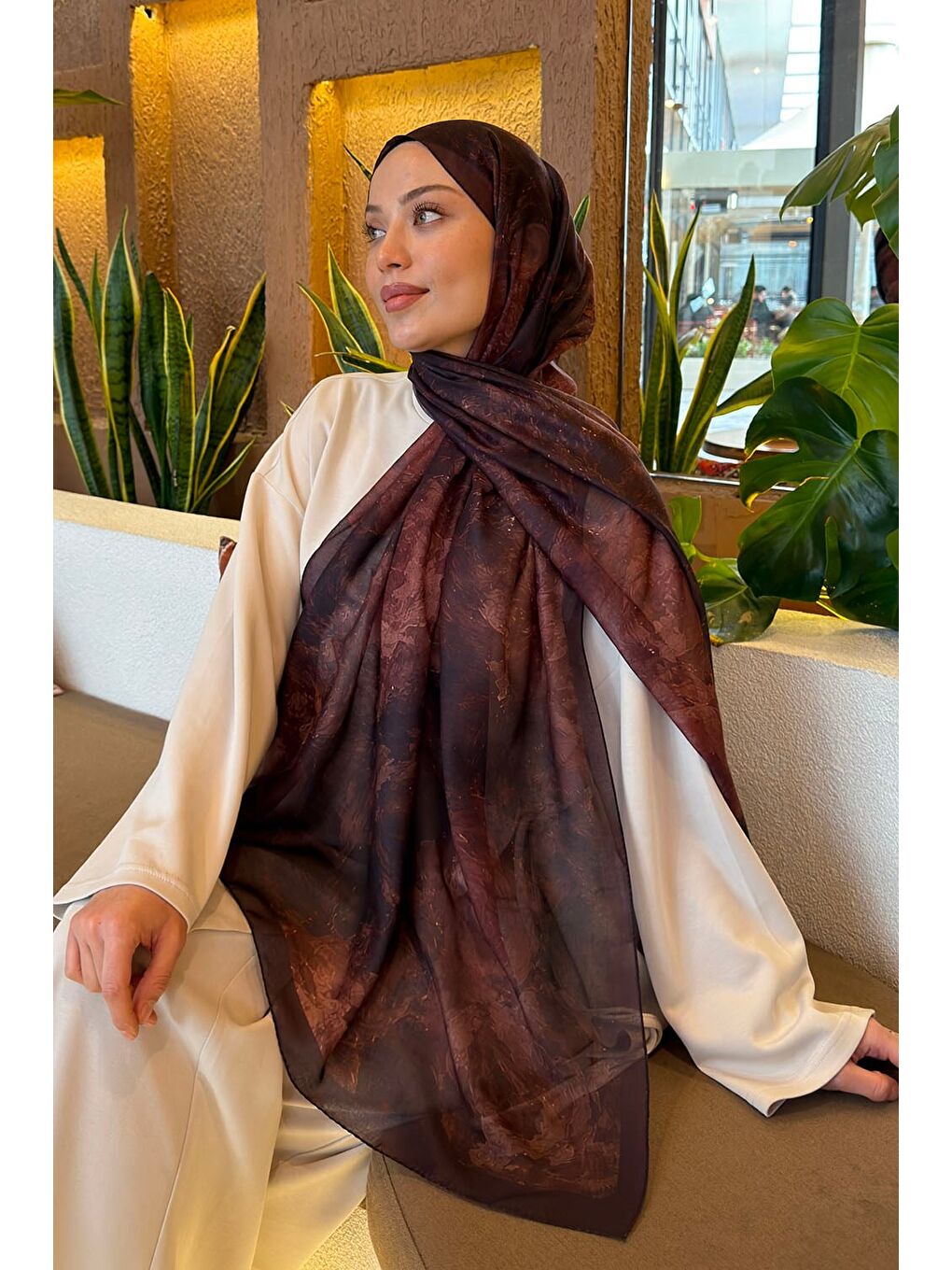 Kahverengi Gül Çiçek Desen Ferah Şal Koyu Kahve-2