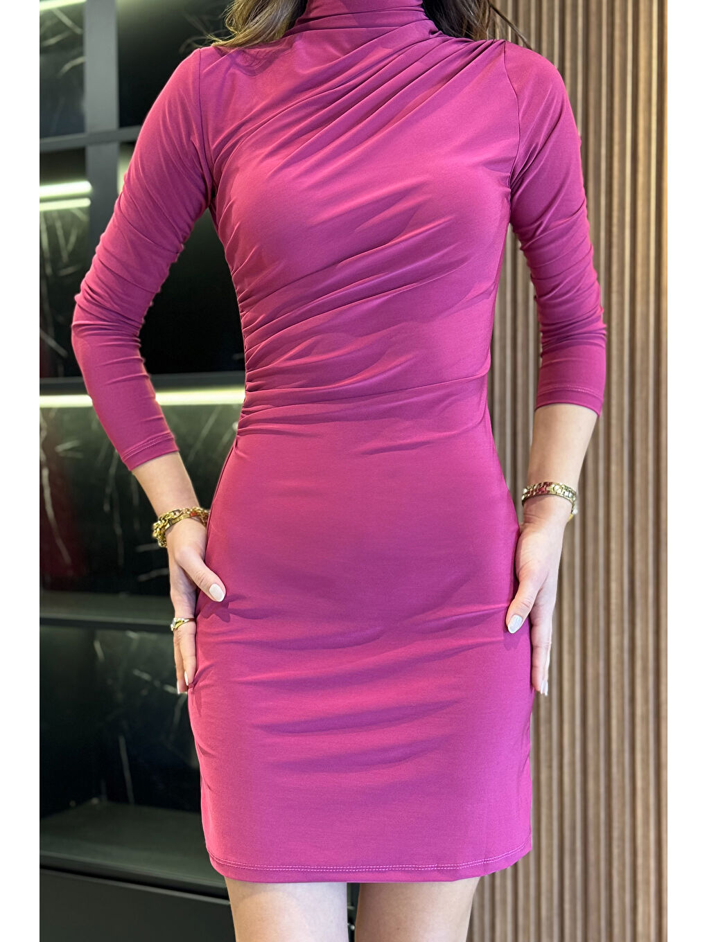 Mürdüm Kadın Omuz Ve Bel Drapeli Elbise-2