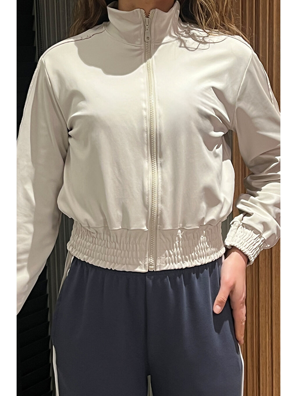 Bej Kadın Kol Şeritli Bel Lastikli Mevsimlik Ceket-2