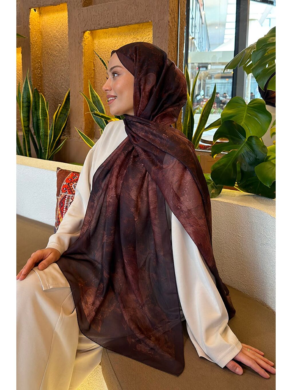 Kahverengi Gül Çiçek Desen Ferah Şal Koyu Kahve-3