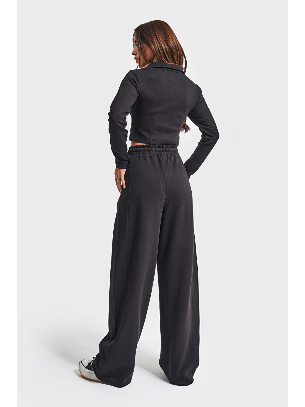 Kadın Siyah Renk w5-1 Örme Kumaş Eşofman ve Fermuarlı Sweatshirt Alt Üst 2'li Kombin Takım-4