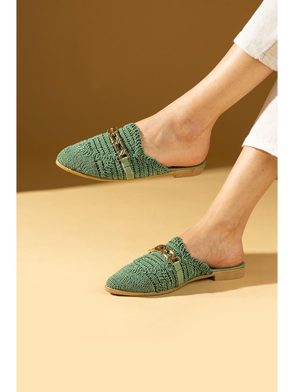 Yeşil Zincir Tokalı Dantel Örme Desenli Rahat Kalıp Kadın Terlik 001-1-24-1