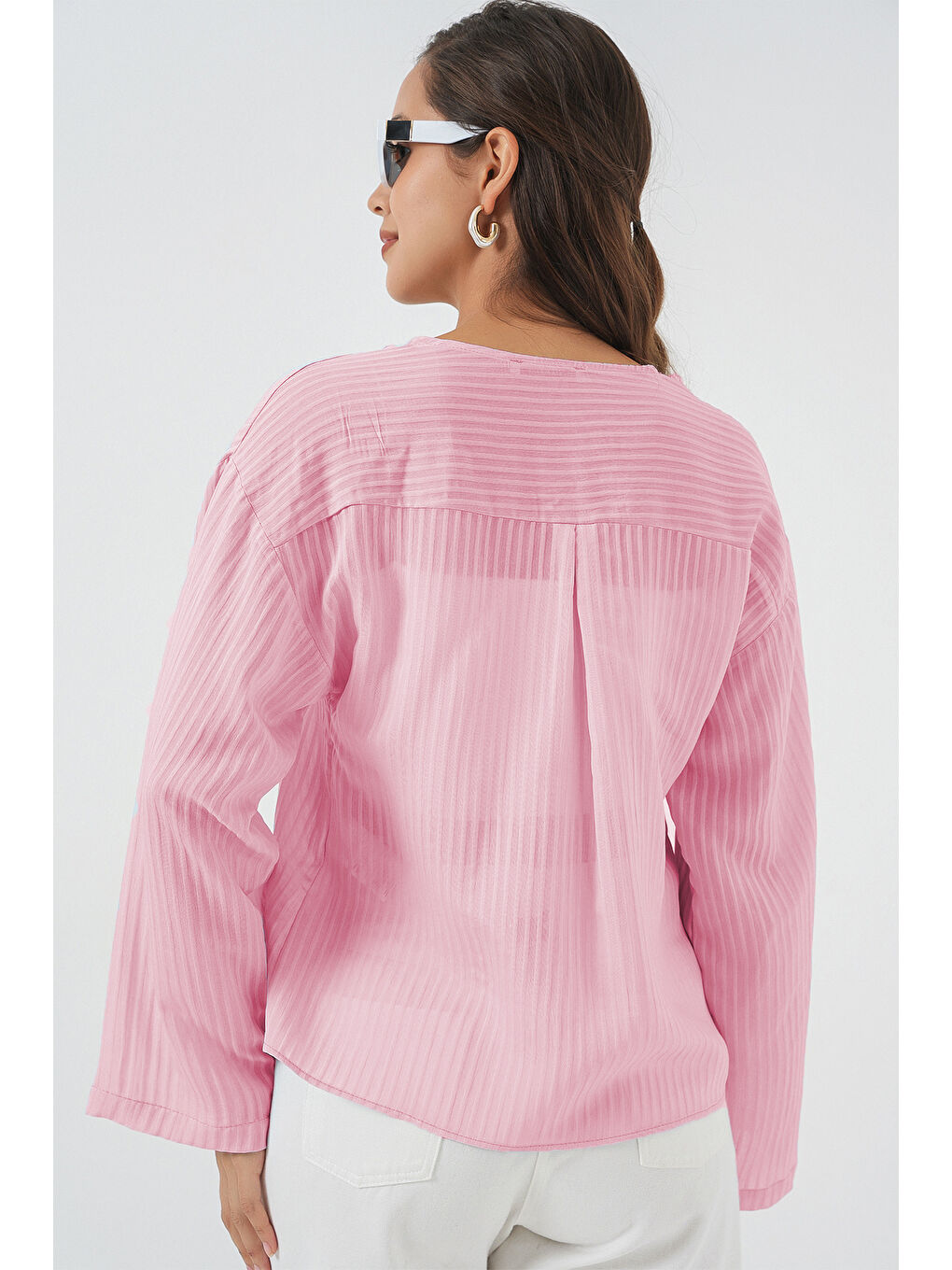 Pembe Kadın Önü Bağcıklı Bluz 952 - Pudra-2