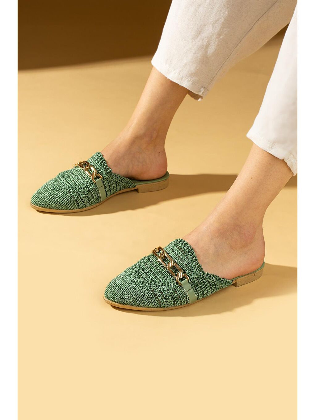 Yeşil Zincir Tokalı Dantel Örme Desenli Rahat Kalıp Kadın Terlik 001-1-24-2