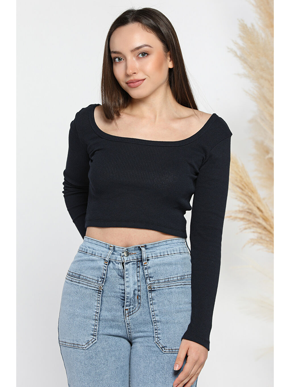 GÜLSELİ Lacivert Kadın Kare Yaka Kaşkorse Crop Body Bluz - 1