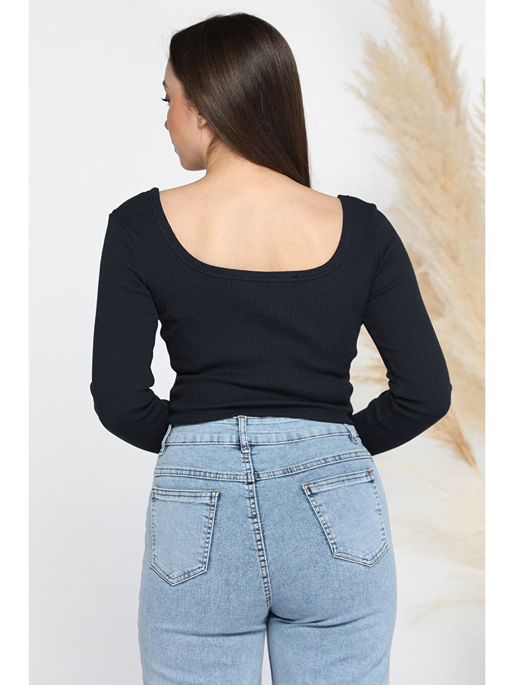 GÜLSELİ Lacivert Kadın Kare Yaka Kaşkorse Crop Body Bluz - 2