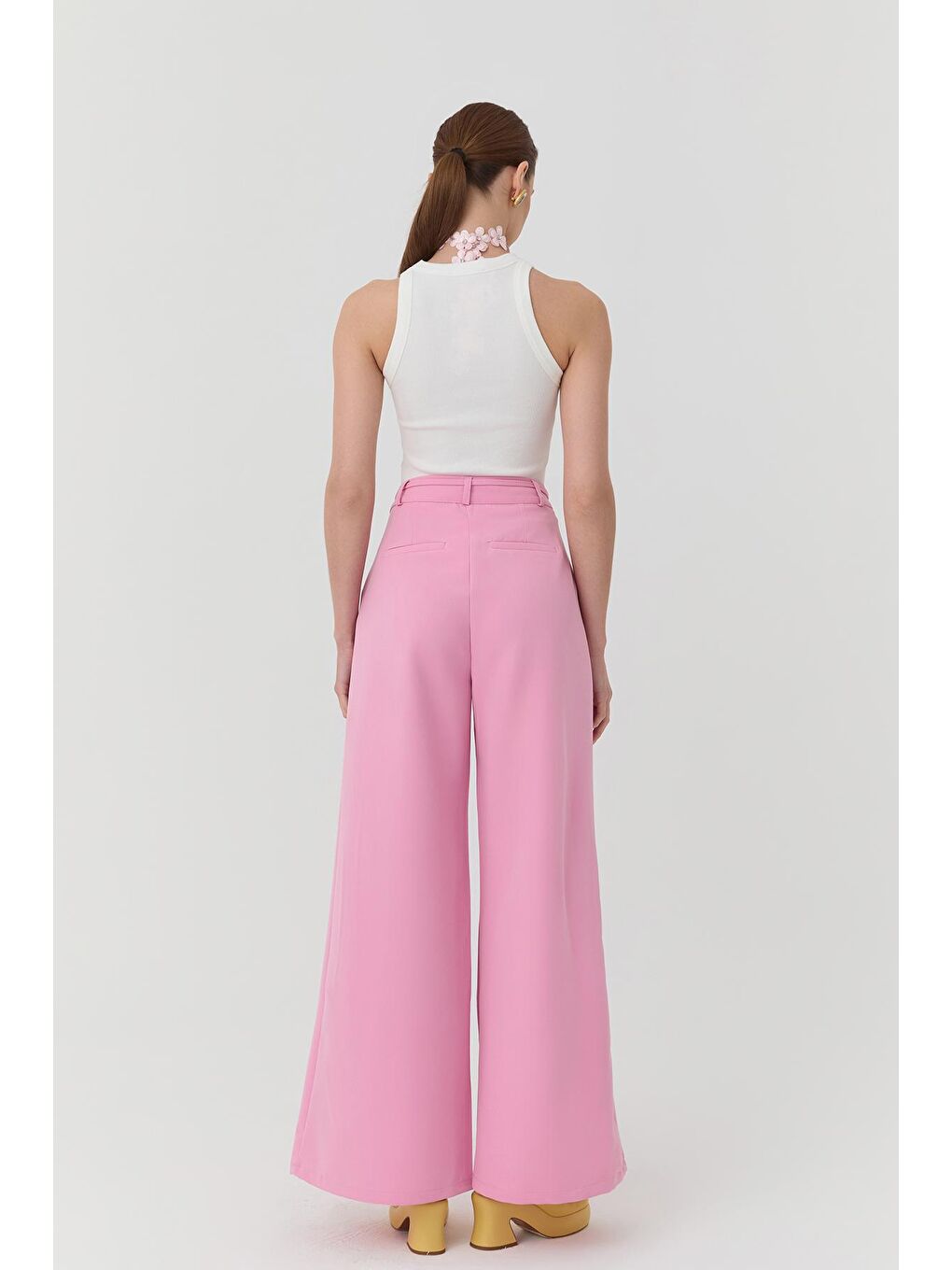 Bağlama Detaylı Geniş Paça Pantolon Pembe-1
