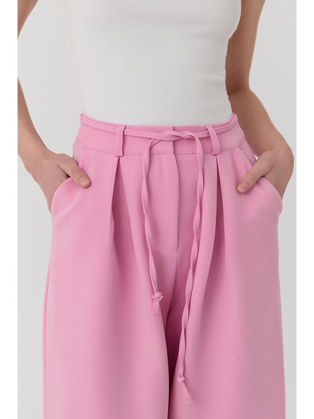 Bağlama Detaylı Geniş Paça Pantolon Pembe-2