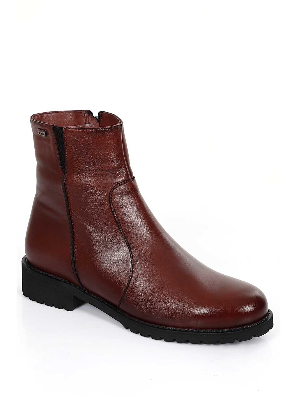 Bordo Hakiki Deri Yuvarlak Burun Topuklu Kauçuk Taban Fermuarlı Kadın Günlük Bot 47408-4