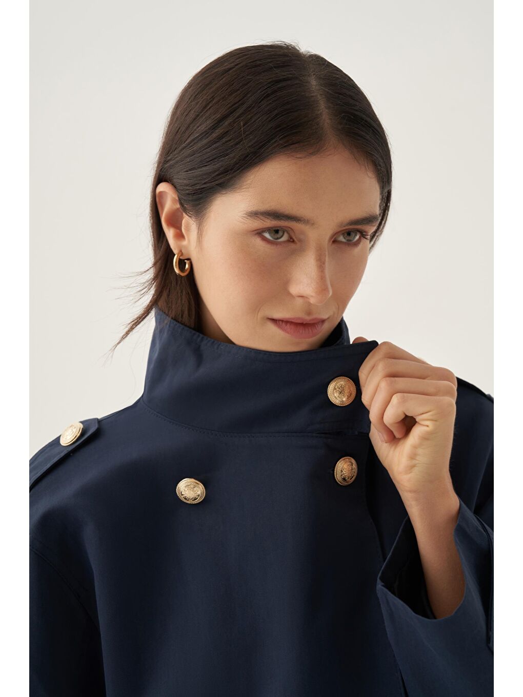 Lacivert-Dik Yakalı Gold Düğmeli Trençkot-5