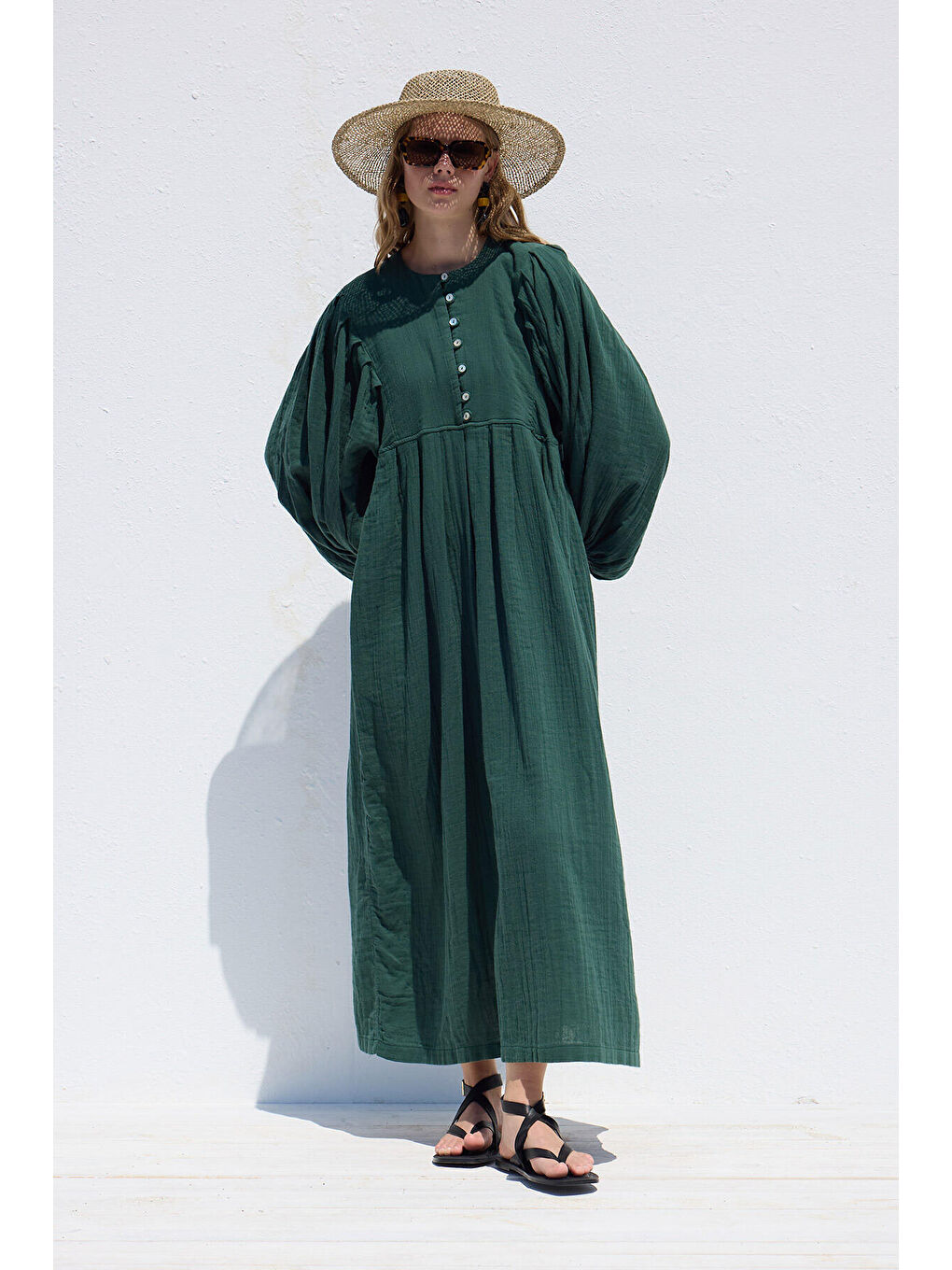 Yeşil Pile Detaylı Müslin Elbise Zümrüt-2