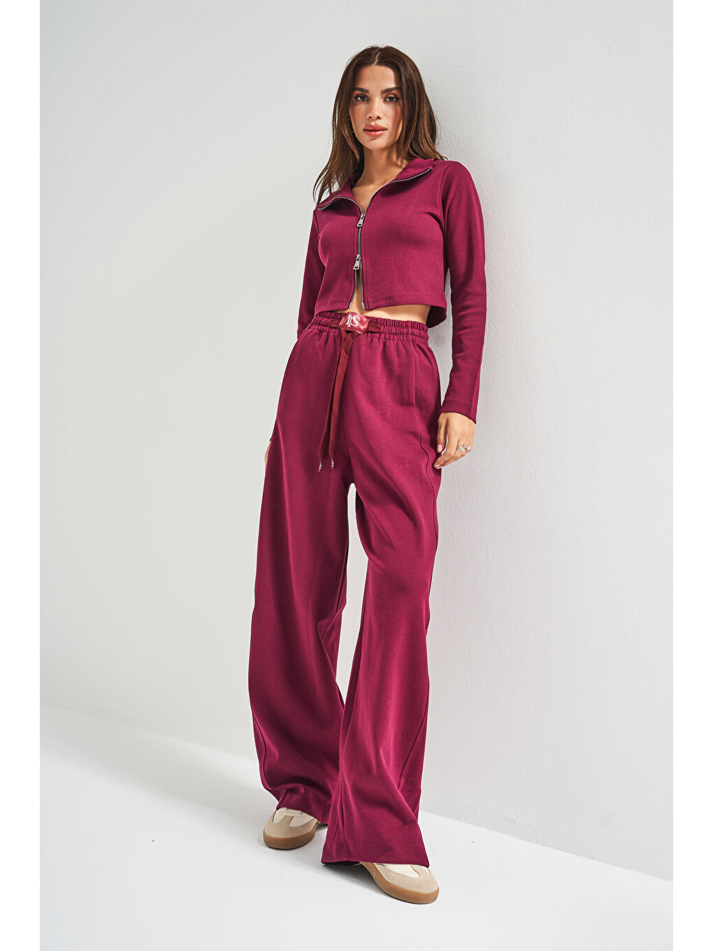 Kadın Bordo Renk w5-35 Örme Kumaş Eşofman ve Fermuarlı Sweatshirt Alt Üst 2'li Kombin Takım