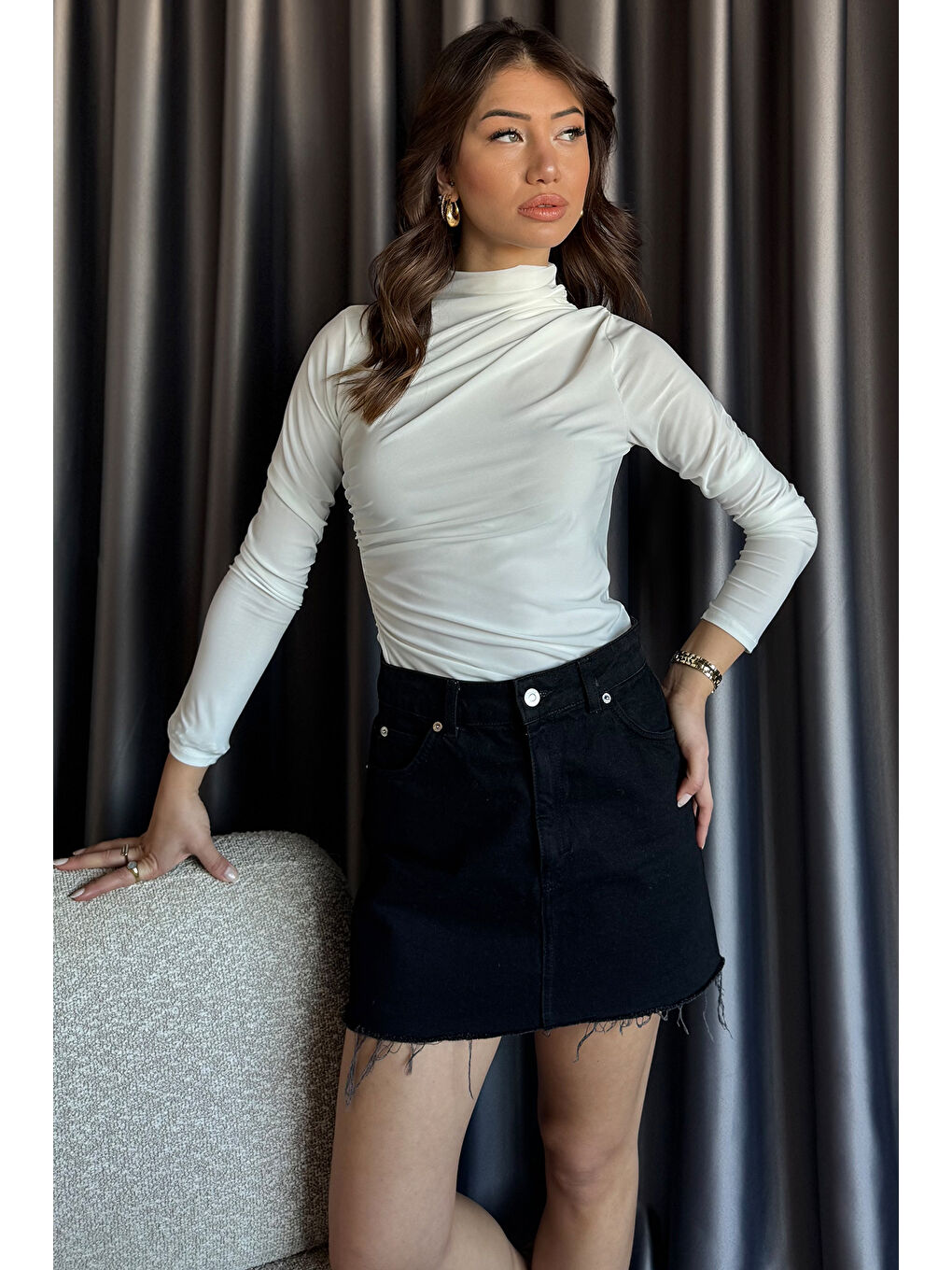 Ekru Kadın Bel Ve Omuz Drapeli Bluz