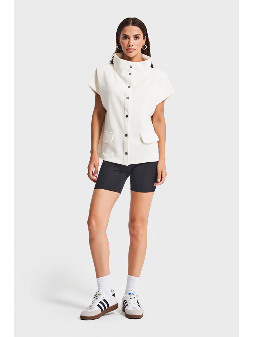 Kadın Ekru Renk w5-101 Önü Düğmeli Yarım Kol Özel Tasarım Örme Yelek-2