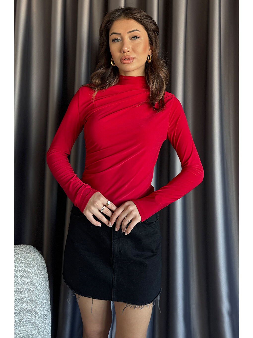 Kırmızı Kadın Bel Ve Omuz Drapeli Bluz