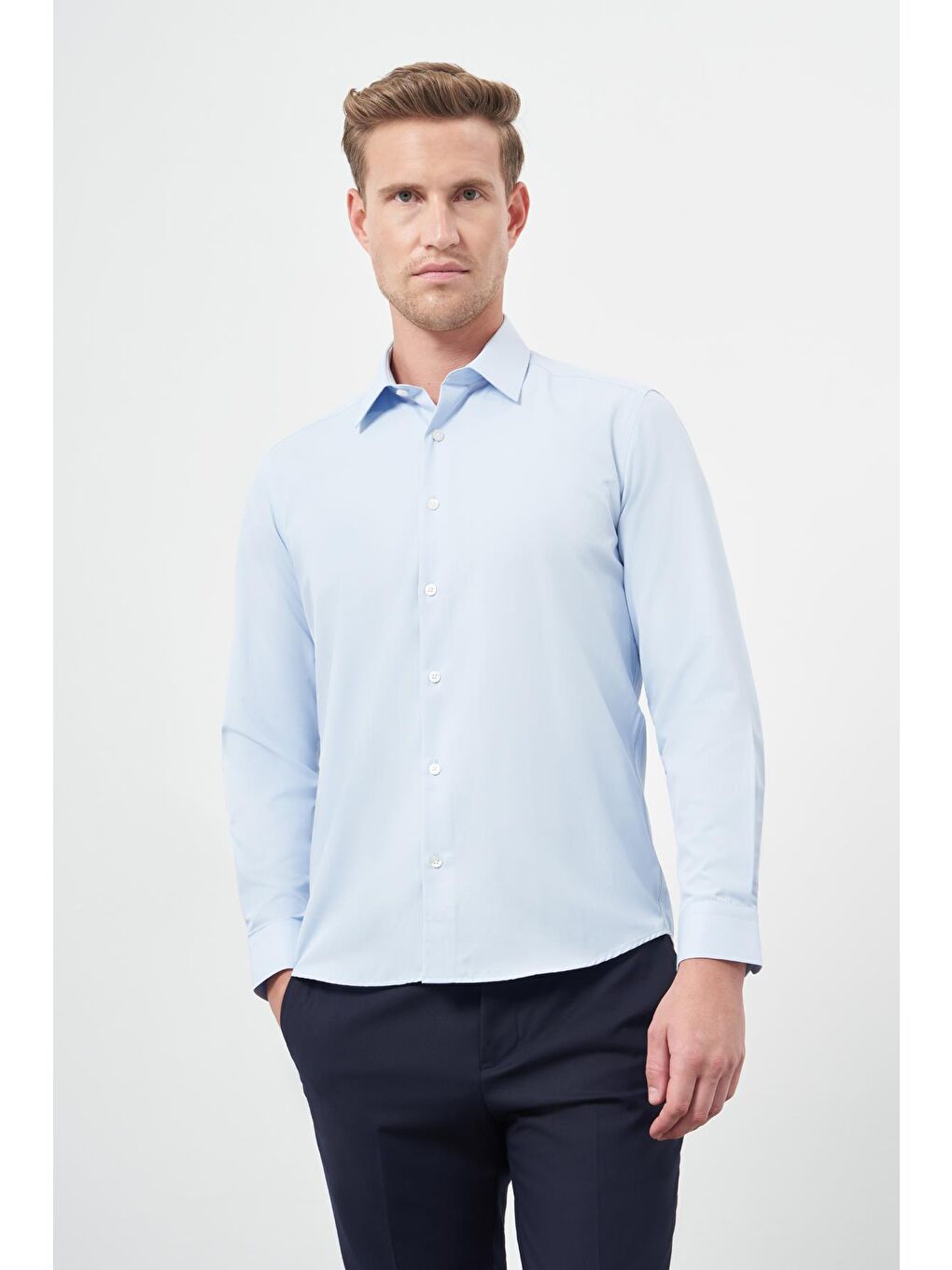 Koyu Mavi Uzun Kol Düz Bez Ayağı Sert Yaka Cepsiz Pamuklu Classic Slim Fit Gömlek 1004245267