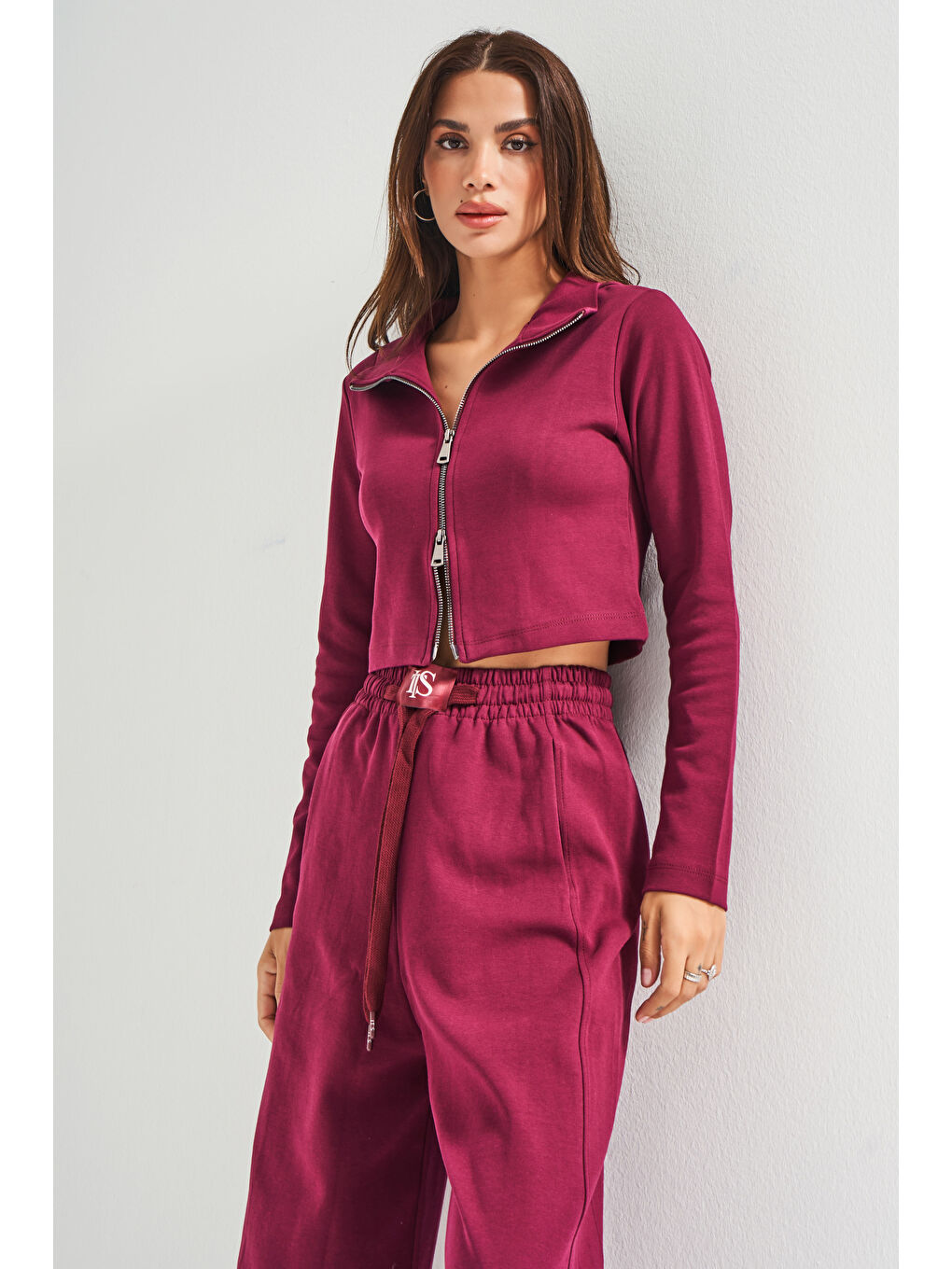 Kadın Bordo Renk w5-35 Örme Kumaş Eşofman ve Fermuarlı Sweatshirt Alt Üst 2'li Kombin Takım-1