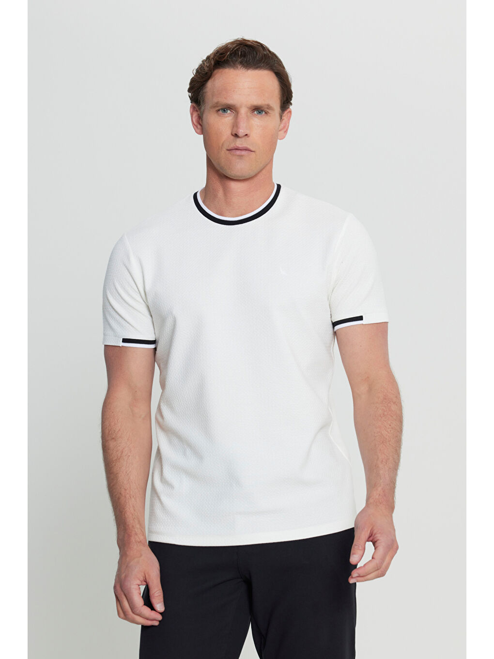 Erkek Beyaz Slim Fit Dar Kesim Bisiklet Yaka Jakarlı Tişört