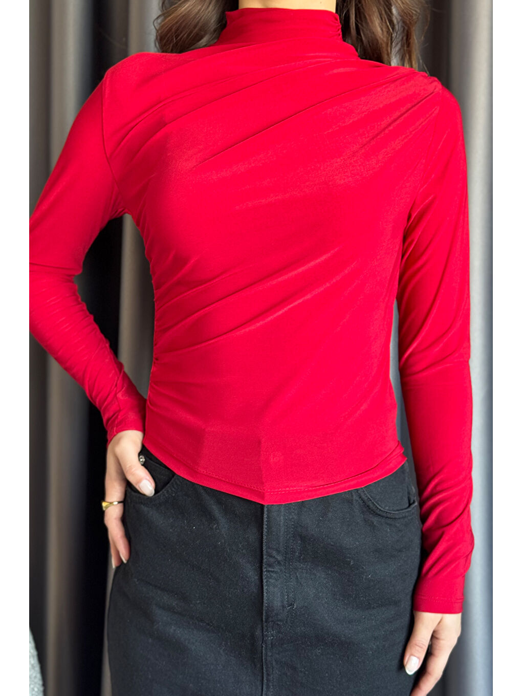 Kırmızı Kadın Bel Ve Omuz Drapeli Bluz-2