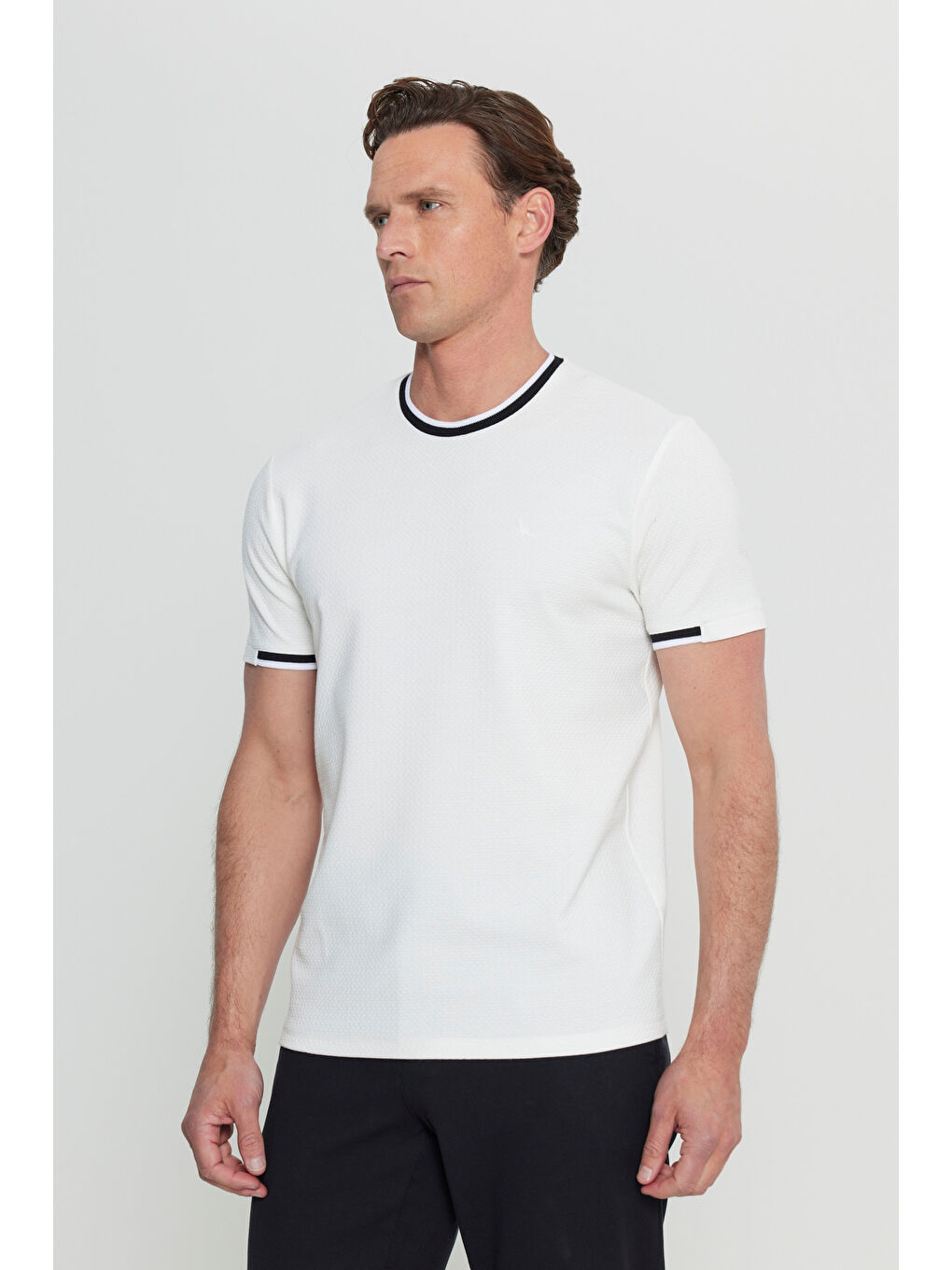 Erkek Beyaz Slim Fit Dar Kesim Bisiklet Yaka Jakarlı Tişört-2