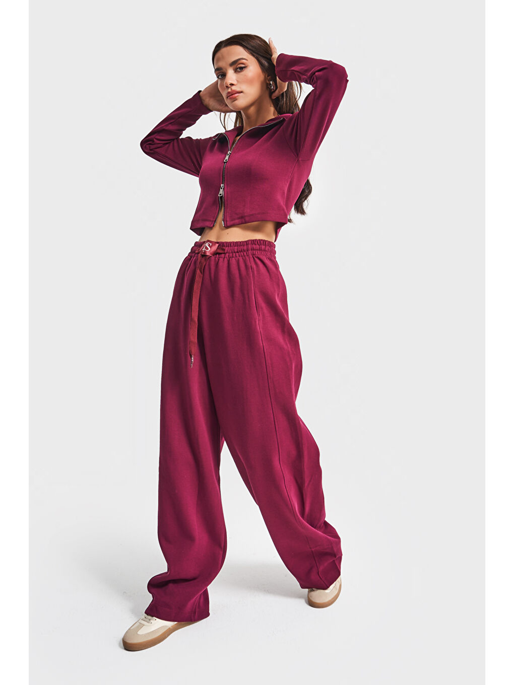 Kadın Bordo Renk w5-35 Örme Kumaş Eşofman ve Fermuarlı Sweatshirt Alt Üst 2'li Kombin Takım-3