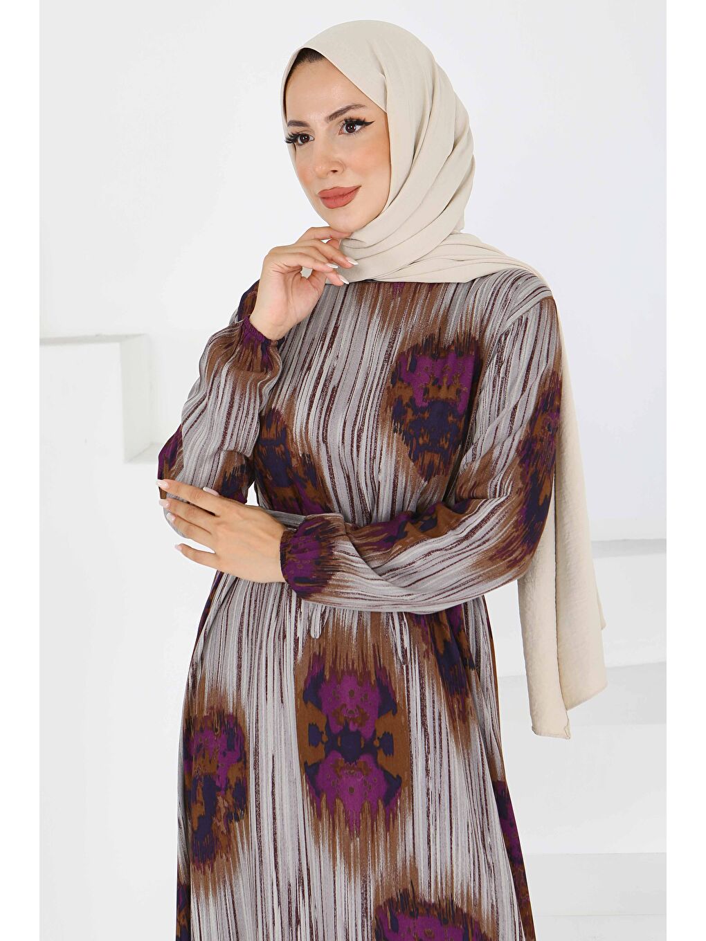 Kahverengi Desenli Kuşaklı Elbise Kahve - 27558-1