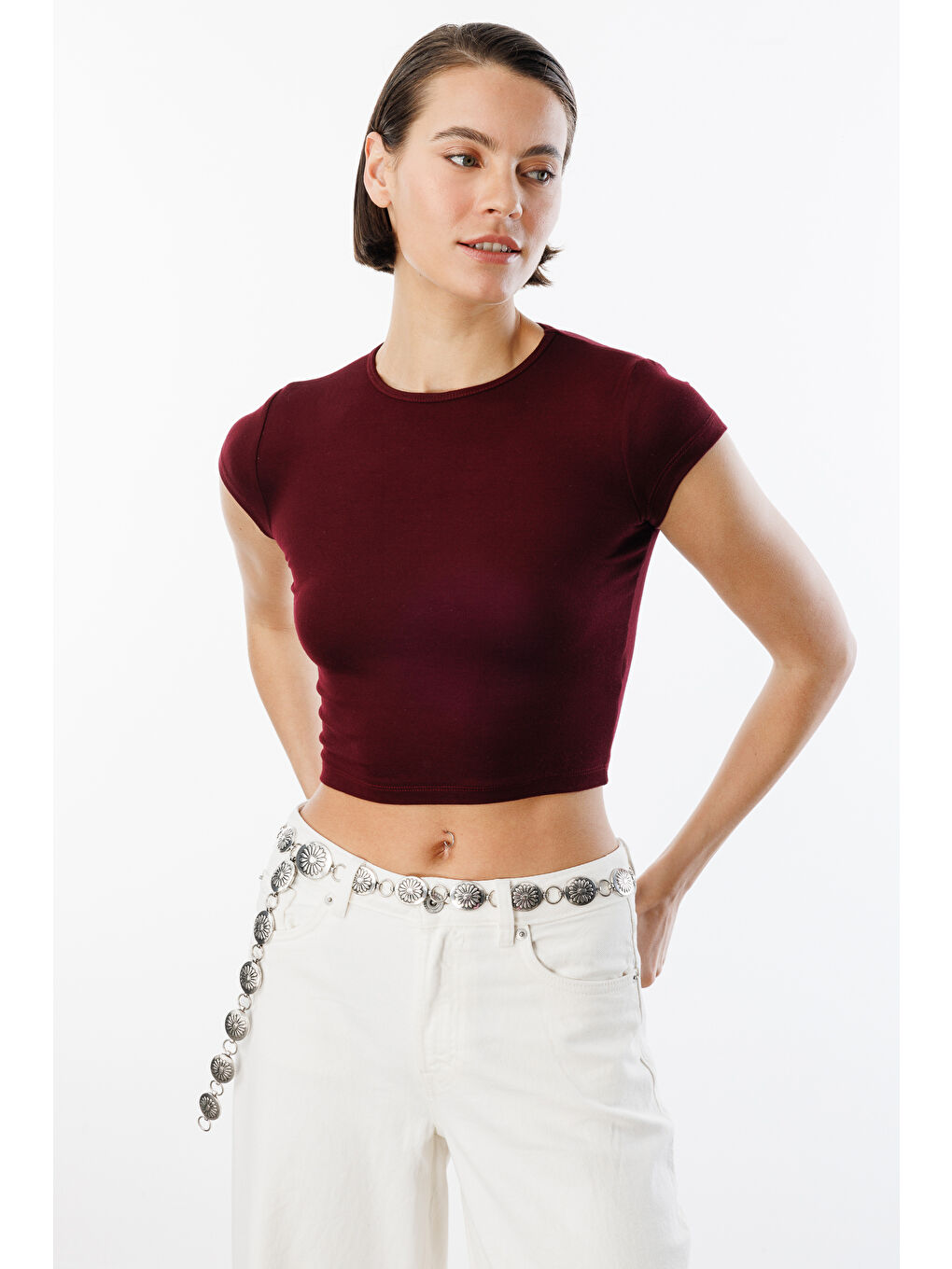 Bordo Kısa Kollu Kadın Crop T-shirt CROP-T-SHIRT-1