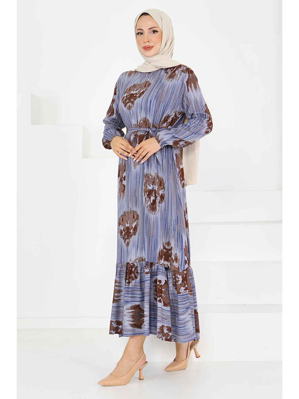 Desenli Kuşaklı Elbise Mavi - 27558