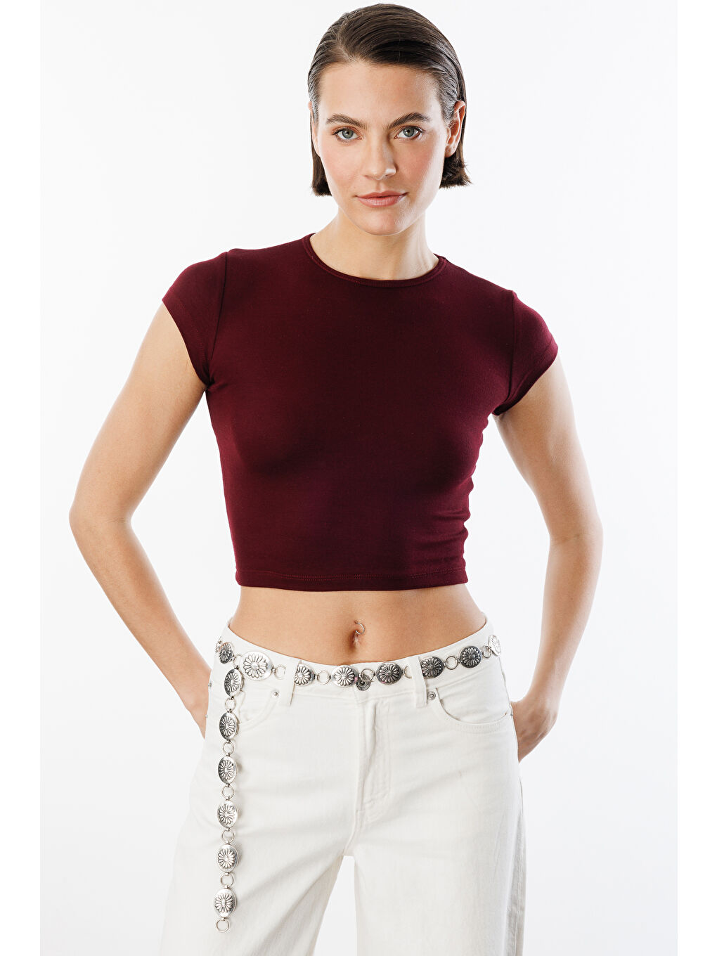Bordo Kısa Kollu Kadın Crop T-shirt CROP-T-SHIRT-2