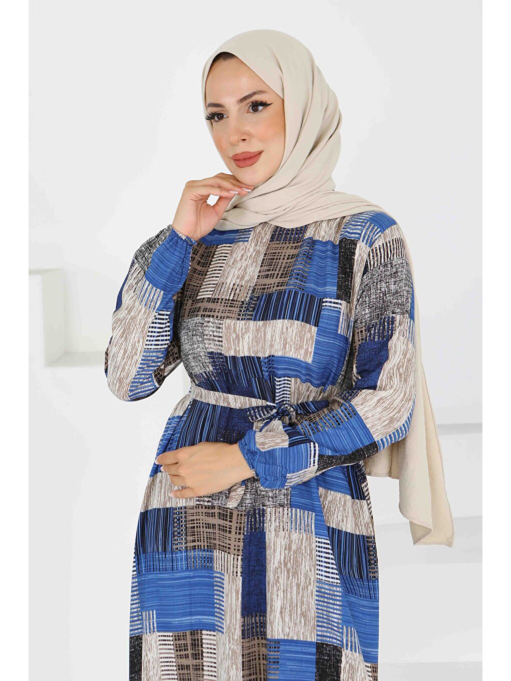 Mavi Desenli Kuşaklı Elbise Saks - 27518-1