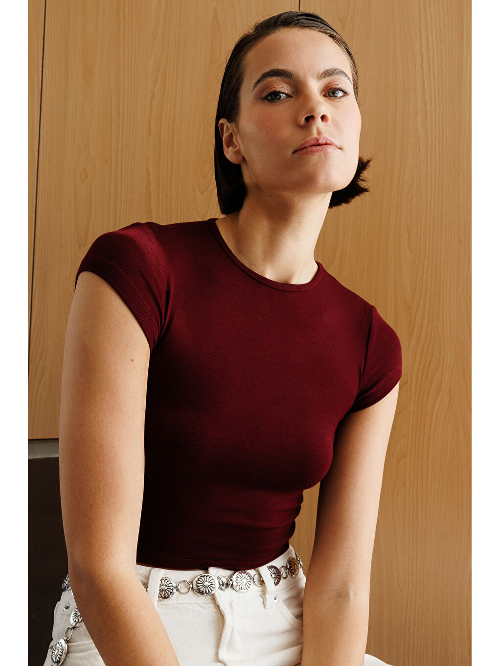 Bordo Kısa Kollu Kadın Crop T-shirt CROP-T-SHIRT-3