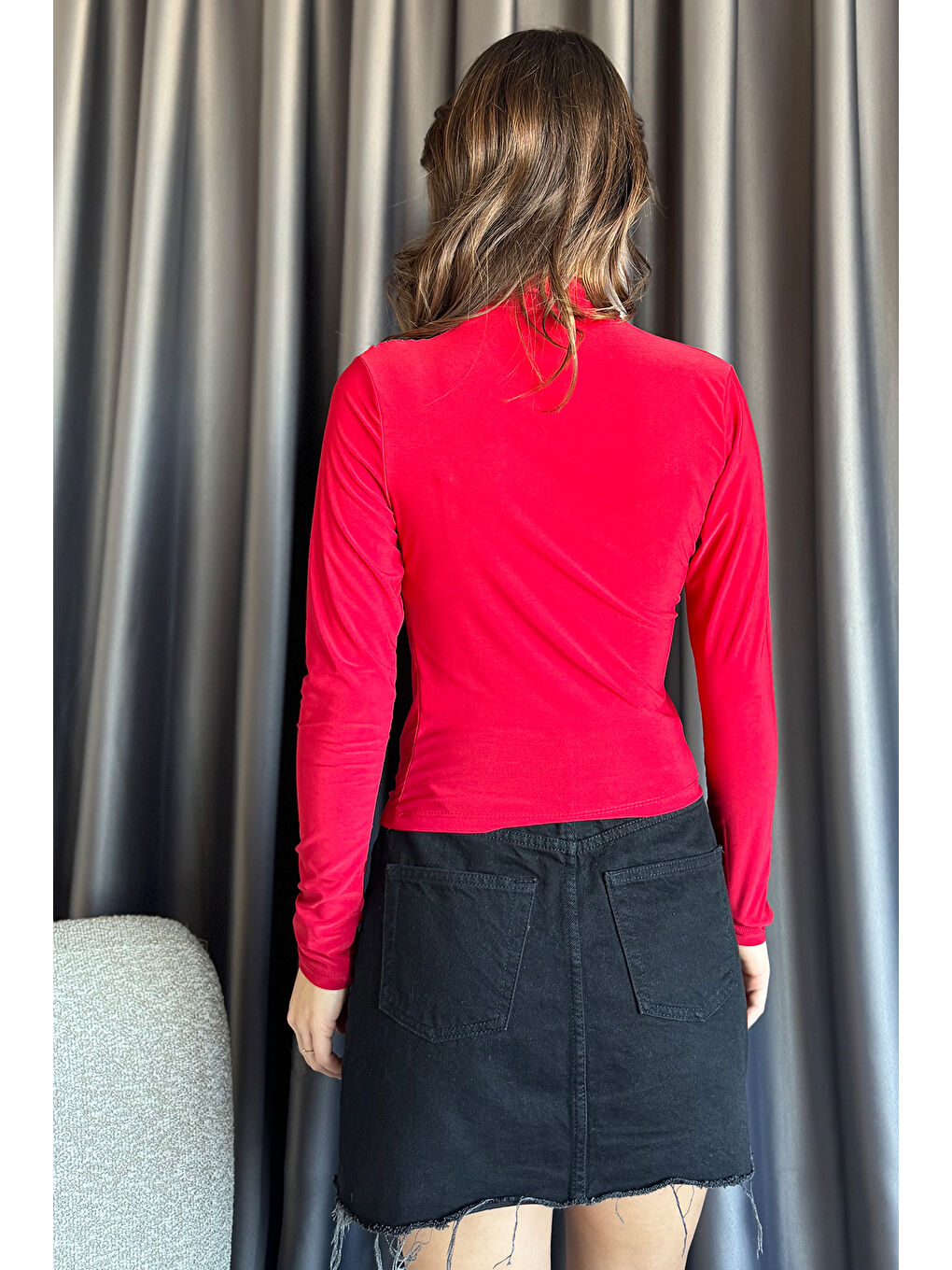 Kırmızı Kadın Bel Ve Omuz Drapeli Bluz-3